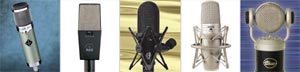 A collection of five diverse studio microphones displayed side by side.