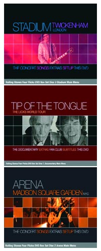 Three menu screens for DVD discs featuring concert imagery and text for Stadium, Tip of the Tongue, and Arena.