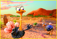 Two cartoon ostriches with large eyes stand in a sunny, rocky desert landscape.