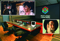 A professional digital cinema editing suite with a large screen and two inset film stills.