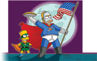 Cartoon characters in superhero outfits posing with a pie and an American flag against a large moon.