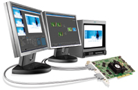 Two computer monitors displaying video content next to a small monitor unit and a circuit board.