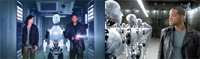 Two film stills: one shows a man and woman standing by a robot, the other shows a man looking at a row of robots.