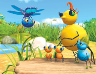 Cartoon insects, including a large yellow bee and a blue dragonfly, in a sunny meadow with grass and water.
