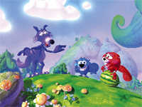 Three colorful cartoon monsters stand on a green hill under a bright sky with clouds.