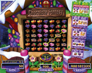 A video game screen titled Chocolate Fantasy featuring a grid of colorful candy symbols.