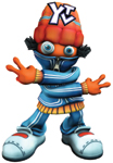An orange character in a blue tracksuit and orange beanie with 'YI' on the hat, posing with hands out.