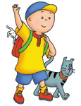 Cartoon illustration of a boy in a yellow shirt and blue cap waving, walking alongside a grey striped cat.