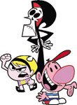 Animated characters Billy, Mandy, and Grim standing together on a white background.