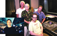 Four men pose in a studio, while a woman is shown in a dark, tech-filled room.