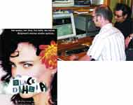 A collage of a woman with a flower in her hair and two men looking at a computer monitor.