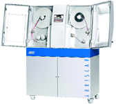 A silver and blue Arriscan film scanning machine with two large film reels visible inside open compartments.