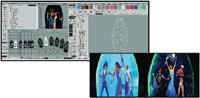 A computer software interface showing design tools next to two colorful character illustrations.