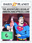 Superman in costume stands next to a man wearing a party hat, set against a Daily Planet newspaper headline.