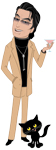 Caricature of a man in a tan suit holding a pink cocktail, standing next to a small black cat.