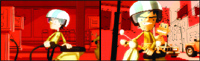 Two split-screen animation frames showing a character with a light blue helmet in red-toned environments.