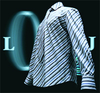 A blue and white striped long-sleeve button-down shirt floating against a dark background with blue light effects.