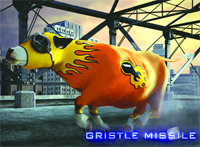 A digital illustration of a cow with orange flame patterns on its body, set against a city skyline.