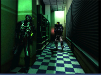 Two dark figures stand in a dimly lit, green-tinted hallway with a checkered floor.