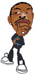 Caricature of a man with a large head, wearing a dark shirt and white sneakers, resting his chin on his hand.