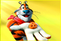 An orange striped cartoon tiger wearing a red scarf holds a single round cookie in its outstretched white paw.