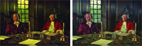 Two side-by-side oil paintings of two men in period clothing seated at a table with books and candles.