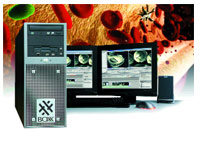 A desktop computer with a tower, two monitors, a keyboard, and a mouse against a background of red and green cells.