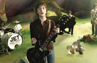 A man plays a black electric guitar in a green landscape with a drummer, pianist, and cartoon squirrels.