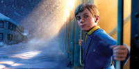 A young boy in a blue jacket looks out from a brightly lit train car into a snowy night.