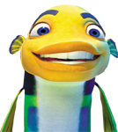 A bright yellow animated fish with large eyes and a wide, toothy grin against a white background.