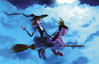 A witch with a pointed hat and a small purple character flying on a broomstick through blue clouds.