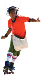 A person wearing an orange shirt, green shorts, and roller skates while balancing.