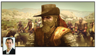 A bearded man in a wide-brimmed hat stands in a desert with several riders in the background.