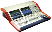A digital audio mixing console with multiple faders, knobs, and two integrated digital screens.