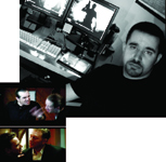 Collage of three black and white photos including a man at a computer desk and two men talking.