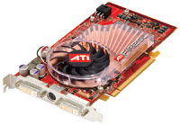 An ATI FireGL graphics card with a red circuit board and a clear plastic cooling fan shroud.