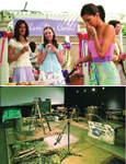 Top: Three women at an outdoor party. Bottom: A messy film set with a ladder and equipment.