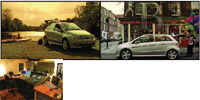 Collage showing a silver car by a lake, a silver car on a city street, and a cluttered office workspace.
