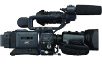 A black JVC professional video camera with a large microphone mounted on top.