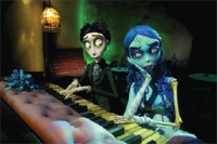 Animated pale characters with large eyes sitting at a piano in a dimly lit room.