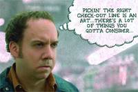A man with short hair looks off-camera with a thought bubble containing text about picking a check-out line.