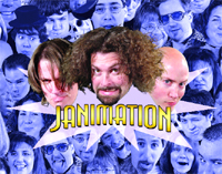 Three men's faces over a blue crowd background with a yellow 'JANIMATION' text in a white starburst.