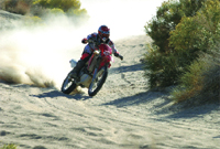 A person in red and white gear riding a red dirt bike through a sandy dune, kicking up a large dust cloud.