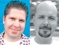 Split image showing a man with dark hair in color on the left and a bald man with a goatee in black and white on the right.