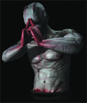 A pale, muscular humanoid figure with red, fleshy growths over its face and arms against a black background.