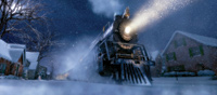 A steam train with a bright headlight moving through a snowy landscape at night.