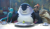 Three anthropomorphic sharks sit around a table with a plate and teacups in a decorated room.