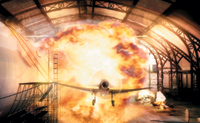 A large explosion with bright orange flames engulfing an airplane inside a large metal hangar.