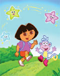 Animated Dora and a purple monkey walking on a green path under a blue sky with smiling stars.