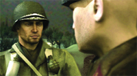 A soldier in a helmet looks toward the profile of another person in a desaturated setting.